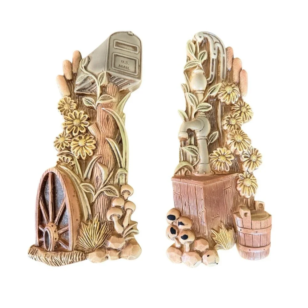 Vtge Chalkware Mushrooms Flower MCM Mail Box & Hand Pump Wall Front Porch Decor